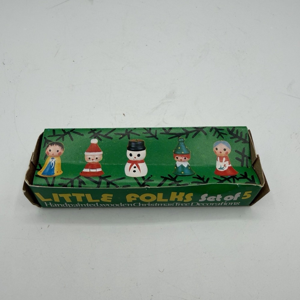 Vintage Set of 5 Little Folks Wooden Christmas Tree‎ Ornaments Snowman Santa Elf